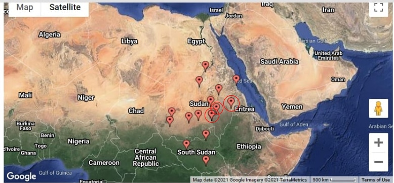 الشكل رقم (1) – مواقع القواعد الجوية السودانية مشار فيه لتلك القريبة من موقع سد النهضة